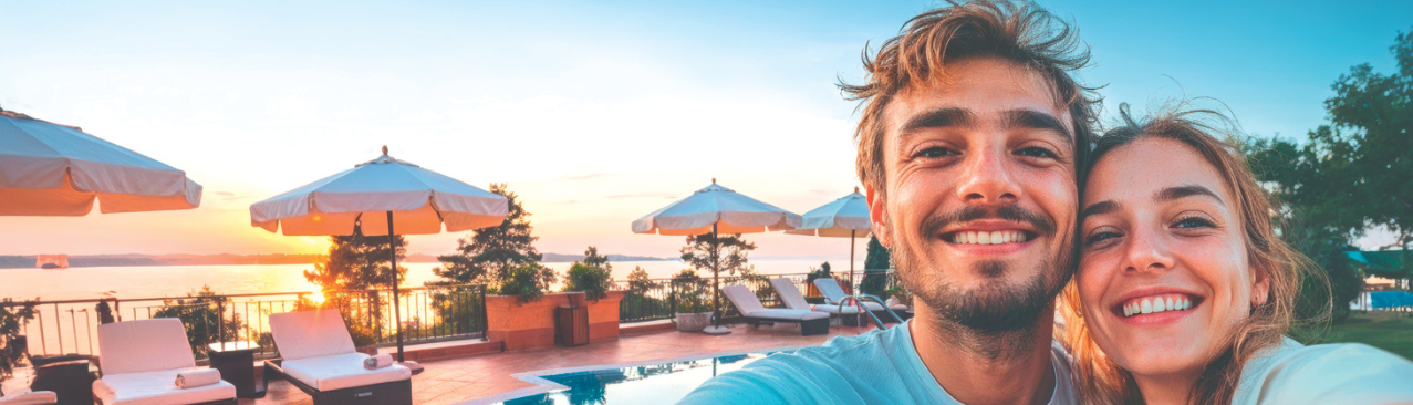 couple qui se prend en selfie devant un hôtel avec piscine